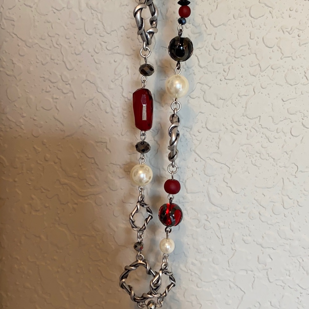 Long silver, red, black and pearl necklace